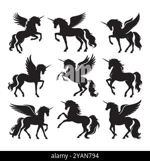 Set di vettori di silhouette unicorno su sfondo bianco Illustrazione Vettoriale