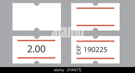 Etichetta prezzo carta autoadesiva con due strisce rosse. Etichetta prezzo vuota. Adesivo bianco per indicare la data di scadenza. Illustrazione vettoriale isolata su Illustrazione Vettoriale