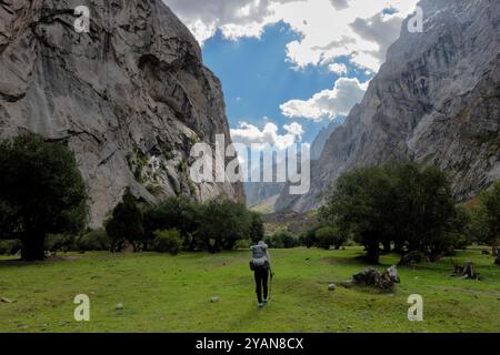 Trekking attraverso i prati del Mingulo Broq, la valle di Nangma (Yosemite del Pakistan), Kanday, Baltistan, Pakistan Foto Stock