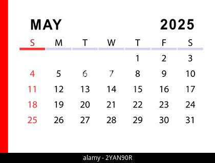 Maggio 2025 calendario semplice. Inizio domenica. Progettazione vettoriale Illustrazione Vettoriale