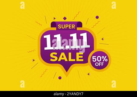 Poster dell'offerta di sconti Creative per lo shopping Day 11,11 o volantino in tema giallo. 11 novembre: Banner vettoriale di vendita o post sui social media Illustrazione Vettoriale