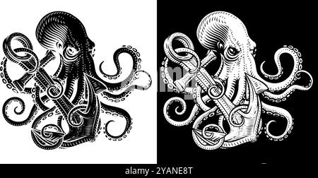 Anchor di polpo Kraken Sailor Tattoo Style Deisgn Illustrazione Vettoriale