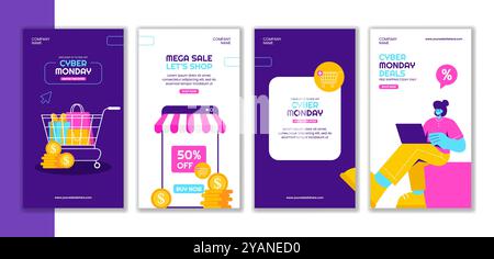 Eventi di vendita del Cyber Monday Flat Cartoon Style storie sui social media Illustrazione Vettoriale