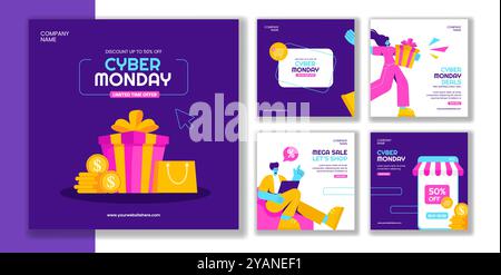 Modello di illustrazione post sulle offerte per il Black Friday e il Cyber Monday sui social media Illustrazione Vettoriale