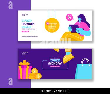 Modello di illustrazione Flat Style per il Cyber Monday per il marketing di banner orizzontali Illustrazione Vettoriale