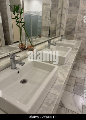 bagno in marmo con lavandini bianchi e piante di bambù nella spa e nel centro ricreativo. Foto di alta qualità Foto Stock