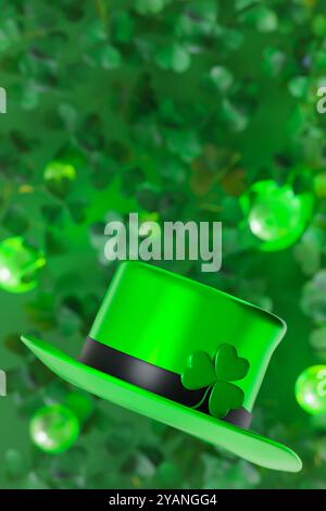 Cappello verde brillante decorato con fascia nera e stemma trifoglio. Lo sfondo e' pieno di sfocature di scogli, creando una festività irlandese celebrativa Foto Stock