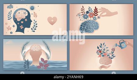 Modello banner salute mentale. Campagna giornata mondiale della salute mentale. Opuscolo di copertina. Esaurimento emotivo. Matter OurMindsMatter. Poster salute mentale Illustrazione Vettoriale