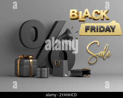 Sconti del Black Friday con elementi come il megafono, il simbolo di percentuale 3D, borse e scatole regalo, offerta speciale Illustrazione Vettoriale