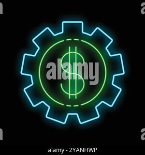 Brillante illustrazione al neon di un simbolo verde del dollaro all'interno di un ingranaggio blu, che rappresenta il concetto di fare soldi Illustrazione Vettoriale