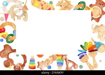 Cornice quadrata realizzata con illustrazioni ad acquerello dei giocattoli per bambini. Per auguri di compleanno e biglietti d'invito, volantini, etichette e pacchetti di bambini Foto Stock