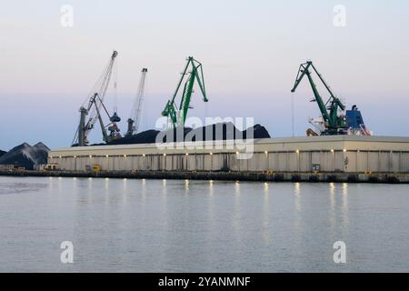 Gru portuali, mucchi di carbone e stoccaggio nel porto marittimo di Gdynia. Polonia Foto Stock