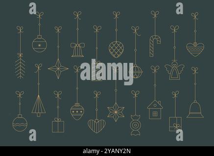 Natale, felice anno nuovo giocattolo vintage, palla, bauble, stella con fiocco. Semplice clipart con design piatto e linea dorata. Illustrazione Vettoriale