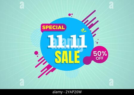 Offerta scontata per lo shopping di 11,11 giorni con banner, poster o volantini a tema colorato. Banner vettoriale di vendita o modello di post design sui social media Illustrazione Vettoriale