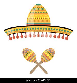 Sombrero messicano vettoriale con maracas. Simbolo Cinco de mayo isolato su sfondo bianco. Illustrazione Vettoriale