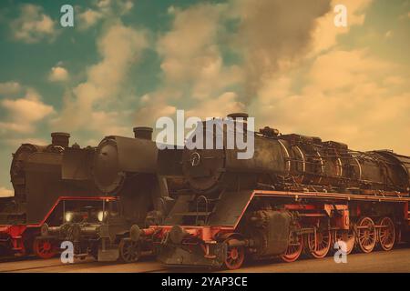 Immagine in stile retrò di tre vecchie locomotive a vapore con vapore davanti a un cielo blu moody Foto Stock