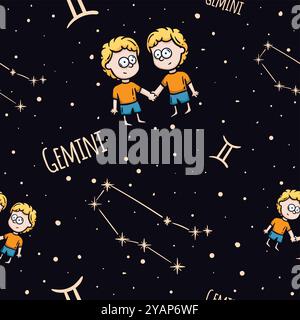 Motivo vettoriale senza cuciture con il segno zodiacale Gemini. Sfondo con cielo stellato e costellazione per carta da imballaggio Illustrazione Vettoriale