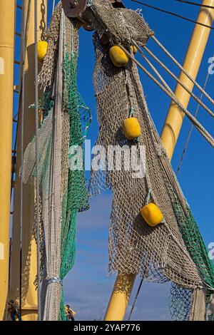 Dettaglio, rete da pesca, peschereccio, porto, Strucklahnungshörn, Nordstrand, Frisia settentrionale, Schleswig-Holstein, Germania Foto Stock