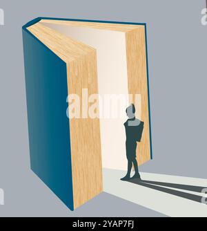 Uno studente scolastico si avvicina con cautela a un libro aperto in un'illustrazione in 3D sul primo giorno di scuola e gli studenti hanno paura di entrare in nuovi Foto Stock