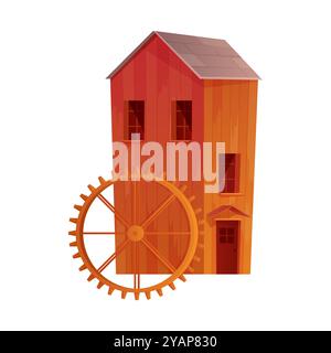 Vecchia torre di legno del mulino ad acqua con grande ruota, illustrazione vettoriale della fattoria del mulino ad acqua Illustrazione Vettoriale
