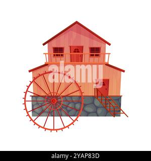 Vecchio edificio di mulino ad acqua in legno con illustrazione vettoriale di ruote e fondamenta in pietra Illustrazione Vettoriale