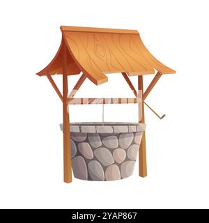 Pozzo d'acqua del vecchio villaggio con anello di mattoni di pietra, tetto e illustrazione vettoriale del verricello Illustrazione Vettoriale