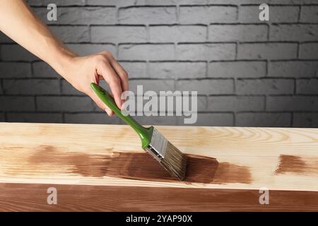 Donna con spazzola che applica macchia di legno di noce su una superficie di legno, primo piano Foto Stock