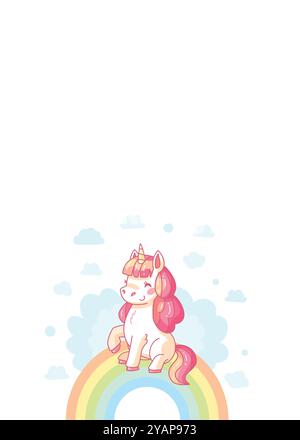 L'affascinante unicorno è seduto tranquillamente su un arcobaleno vibrante, circondato da soffici nuvole, creando una scena magica e stravagante. Illustrazione vettoriale Illustrazione Vettoriale
