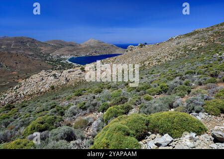 Vista Elivata della baia di Livadia dal sentiero vicino a Vournos, all'isola di Tilos, alle isole del Dodecaneso, in Grecia. Foto Stock