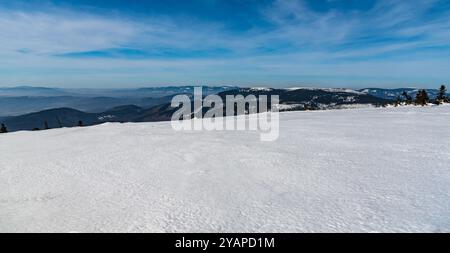 Vista dalla collina Jeleni hrbet sopra Jeleni studanka in inverno sulle montagne Jeseniky nella repubblica Ceca Foto Stock