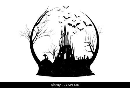 Festa di Halloween, una spaventosa silhouette di una casa infestata su una collina con pipistrelli, castello e cimitero, etichetta con il logo della notte oscura, illustrazione vettoriale. Spaventoso Illustrazione Vettoriale