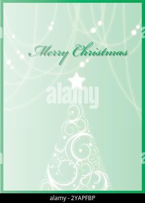 Buon natale con una stella bianca e un albero. L'albero è bianco e ha uno sfondo verde Illustrazione Vettoriale