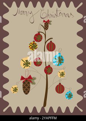 Buon albero di natale con molti ornamenti. L'albero è decorato con molti ornamenti di colori diversi Illustrazione Vettoriale