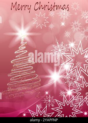 Biglietto di Natale con un albero e fiocchi di neve. L'albero è al centro e i fiocchi di neve sono sparsi intorno ad esso Illustrazione Vettoriale