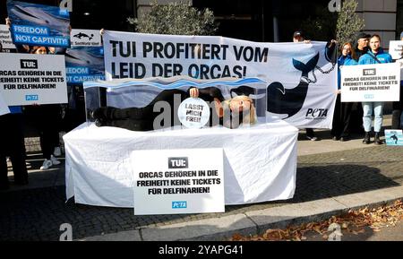 Sarah Connor legt sich in ein Mini-Aquarium und protestiert mit Peta-Aktivisten vor dem Tui-Reisebüro für die Freilassung von Orca-Walen. *** Sarah Connor giace in un mini acquario e protesta con attivisti Peta di fronte all'agenzia di viaggi Tui per il rilascio delle orche Foto Stock