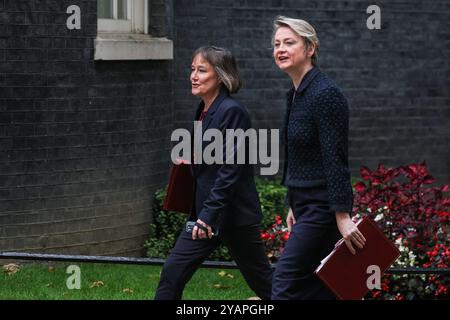 Londra, Regno Unito. 15 ottobre 2024. Jo Stevens, Segretario di Stato per il Galles, deputato Cardiff East e Yvette Cooper, Segretario degli interni, deputato Pontefract Castleford e Knottingley. I ministri del governo del partito laburista del Regno Unito partecipano alla riunione di gabinetto a Downing Street, che questa mattina si dice sia un gabinetto politico che può consentire ai ministri e al primo Ministro di comunicare più apertamente del solito. Crediti: Imageplotter/Alamy Live News Foto Stock