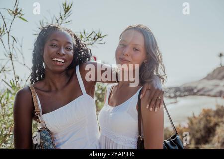 Due donne di diverse etnie sorridono e si abbracciano mentre indossano abiti bianchi Foto Stock