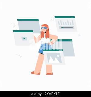 Donna multitasking con più finestre multimediali in un'illustrazione vettoriale piatta che simboleggia la gestione dei contenuti multimediali digitali, il multitasking e la creazione di contenuti Illustrazione Vettoriale