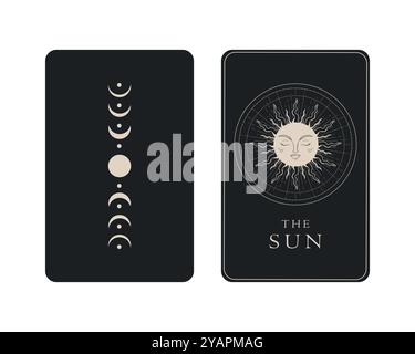 Carta Tarocchi con retro. Il simbolo del Sole maggiore Arcana. Il simbolismo dei Tarocchi. Mistero, astrologia, esoterico. Illustrazione vettoriale Illustrazione Vettoriale