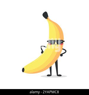 Carino personaggio di banana del cartone animato con occhiali da sole. Mascotte alla banana. Illustrazione vettoriale Illustrazione Vettoriale