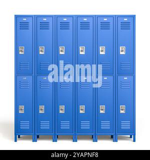 Armadietti da scuola Row Classic in metallo blu su sfondo bianco 3d. Foto Stock