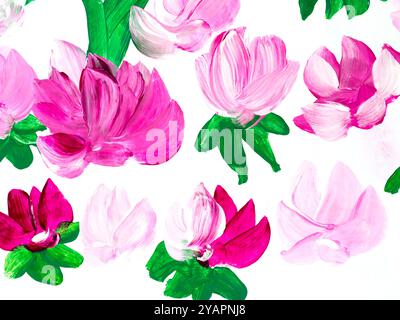 Fiori rosa astratti, originali disegnati a mano, stile impressionista, texture cromatica, pennellate di pittura, sfondo artistico. Arte moderna. Foto Stock