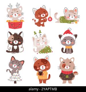 Una serie di gatti di Natale. buon natale e felice anno nuovo Concept Vector. Illustrazione Vettoriale