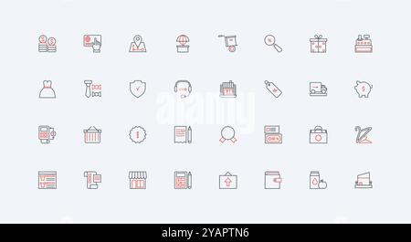 Ordini e consegne dal punto vendita online tramite il set di icone della linea dell'app mobile. seleziona e acquista un nuovo abito, offerta di buoni sconto, pagamento con un clic, simboli sottili di colore nero e rosso illustrazione vettoriale Illustrazione Vettoriale