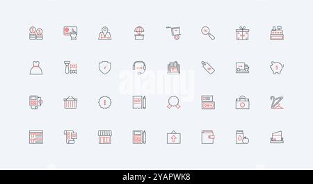 Ordini e consegne dal punto vendita online tramite il set di icone della linea dell'app mobile. seleziona e acquista un nuovo abito, offerta di buoni sconto, pagamento con un clic, simboli sottili di colore nero e rosso illustrazione vettoriale Illustrazione Vettoriale