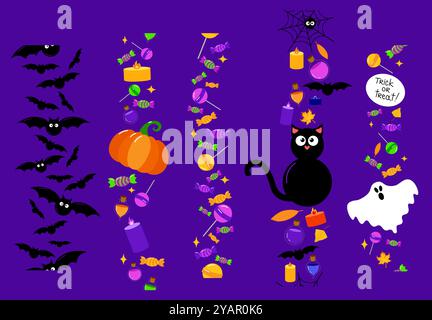 I bordi di Halloween sono verticali in stile cartone animato. Bordi della ripetizione vettoriale senza cuciture. Pipistrelli, caramelle, lecca-lecca, zucca, gatto nero, fantasma e candele su dar Illustrazione Vettoriale