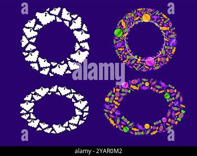 Cerchio rotondo e set ovale per le festività di Halloween. Trucca o delizia silhouette spaventose bordi vettoriali con fantasmi, caramelle e lecca lecca. Modello di cornici dei cartoni animati Illustrazione Vettoriale