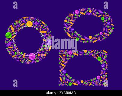 Le cornici decorative per caramelle di Halloween creano uno sfondo isolato. Illustrazione vettoriale circolare e ovale Illustrazione Vettoriale