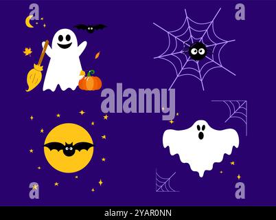 Collezione di scene di Halloween con simpatici e divertenti personaggi dei cartoni animati: Fantasma, pipistrello, ragno sul web, luna, zucca. Fumetto colorato Vector illust Illustrazione Vettoriale