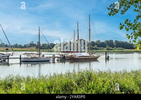 Piccole barche a vela distese nel fiume in una giornata di sole. Fiume Schlei nella Germania settentrionale. Foto Stock